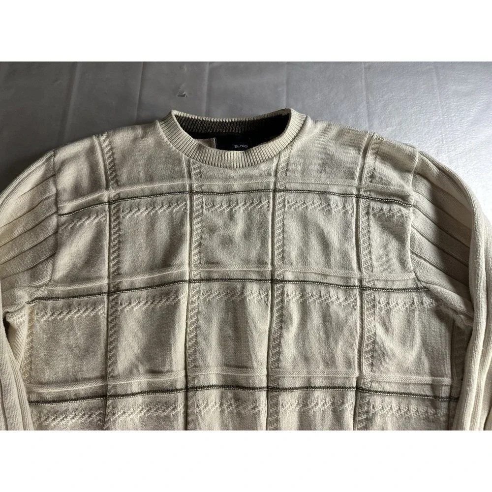 Bill Blass long sleeve cream gray black striped crewneck knit‎ sweater men's XXL